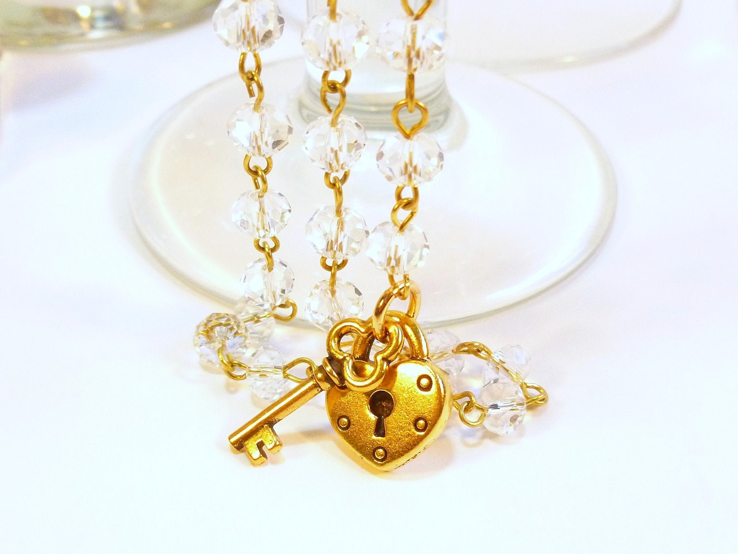 Clear Crystal and Gold Heart Lock and Key Extra Long Rosary Style Necklace