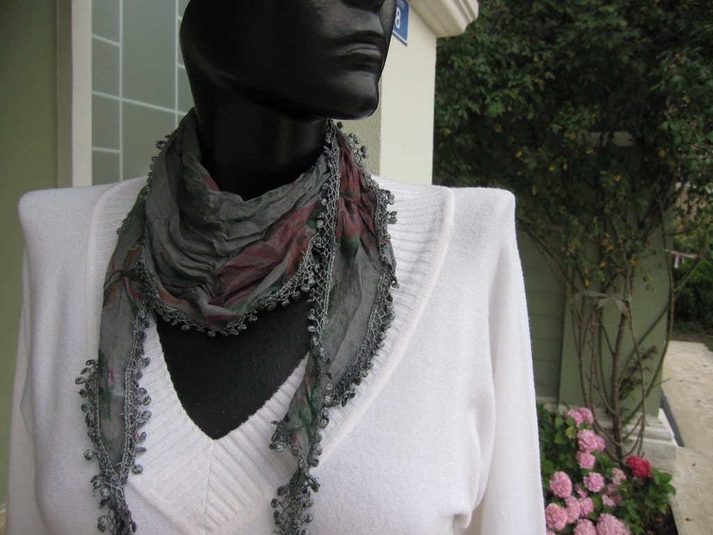 Grey floral print small scarf with lace fringe bandana-Women's scarves NEw summer Fashion 2012 trends