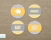 Elephant Baby Shower Cupcake Toppers - Elephant Printable - Chevron - Baby Shower Printable - Boy Baby - Girl Baby - Yellow - Gray Il_170x135