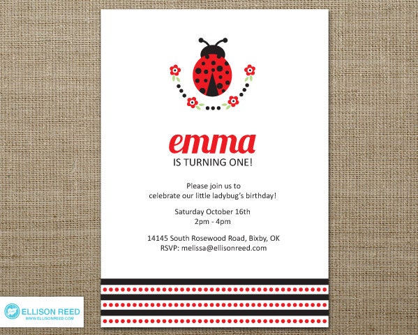 Ladybug Invitation - First Birthday - Ladybug Printable - Birthday Invitation - bug invitation - flowers - red - black - Polka Dots Il_570xn