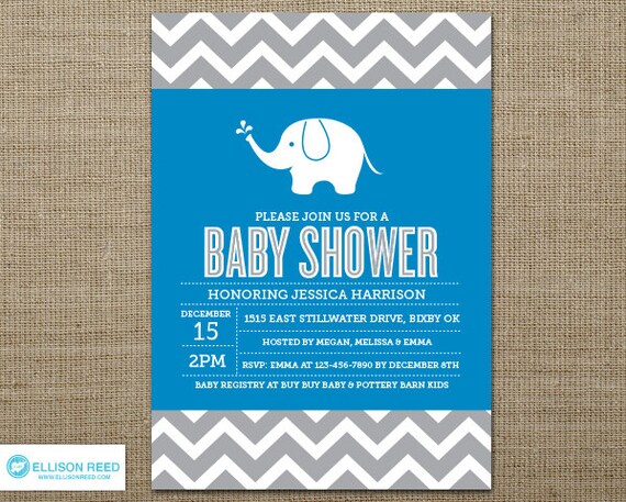 Elephant Baby Shower Invitation - Elephant Printable - Chevron - Girl or Boy Baby Shower Invitation - Baby Shower Printable - Blue Il_570xn