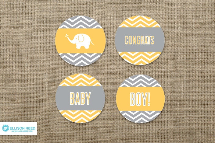 Elephant Baby Shower Cupcake Toppers - Elephant Printable - Chevron - Baby Shower Printable - Boy Baby - Girl Baby - Yellow - Gray Il_570xn