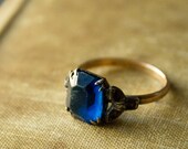 Art Deco Ring - Engagement Style Ring - 1920s Jewelry - Sapphire Glass Ring - Sterling Silver and Gold Fill