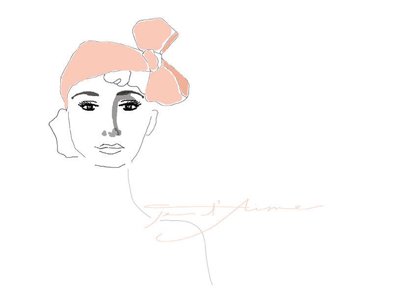 Je t Aime Vintage Pink Bow Fashion Illustration: 8.5 x 11 Digital Print