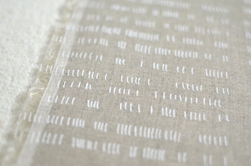 verses in alabaster white on flax linen/cotton handprinted fabric panel