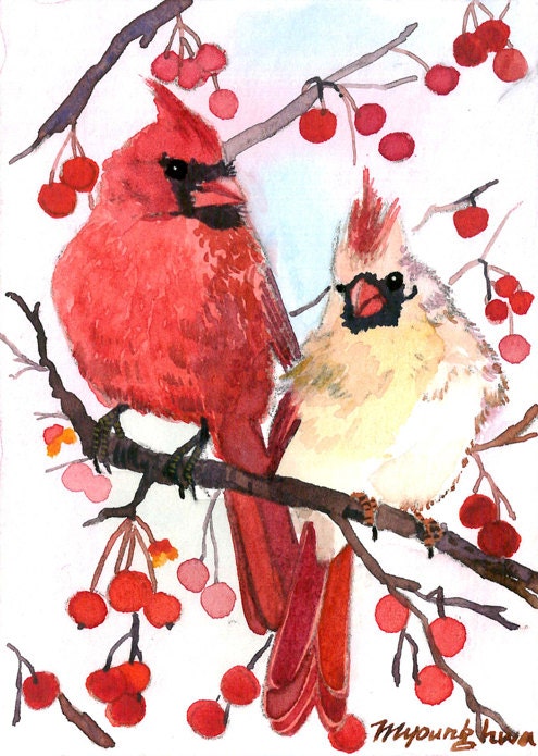 ACEO Limited Edition 4/25- Winter cardinal on a berry tree, in watercolor - annalee377