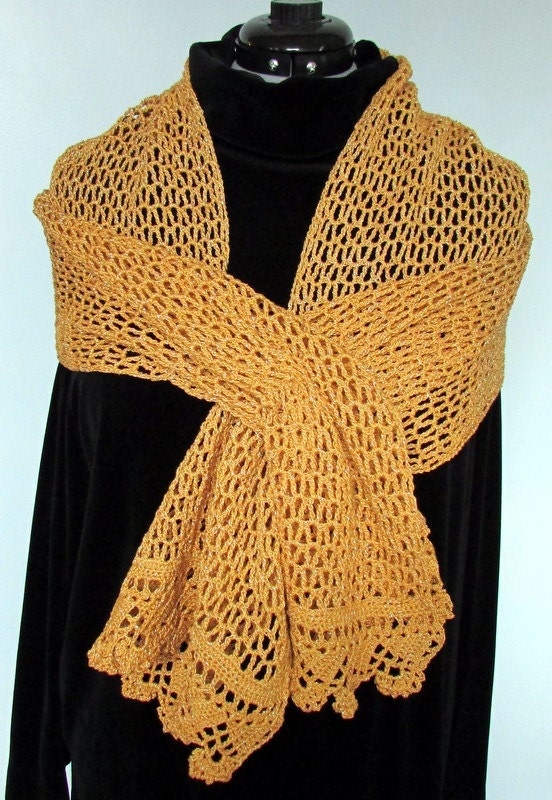 Gold Glitter Evening Stole Crocheted Shawl handmade Scarf lace wrap