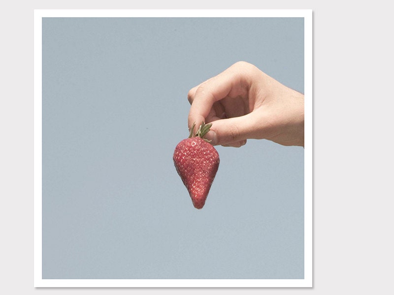 Strawberry Photograph-Summer Amsterdam Picnic-Hand & Red Fruit Against a Blue Sky-Photography Print-8x8