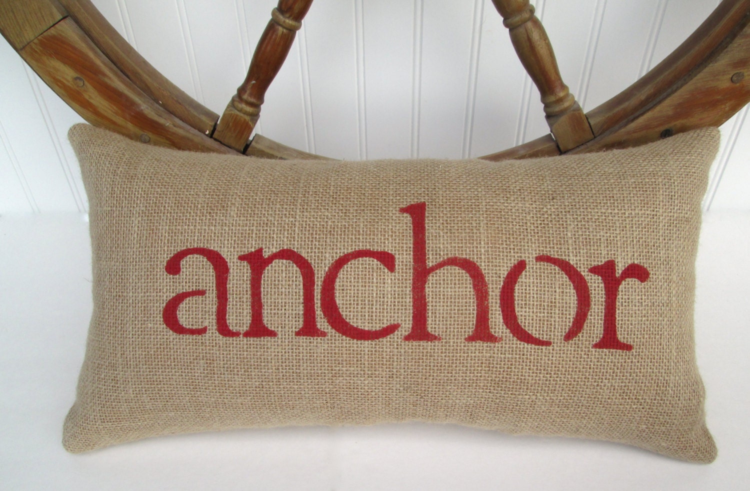 nautical decor, custom burlap pillow, red anchor pillow, child's theme room decor, summer beach house decor, READY TO SHIP