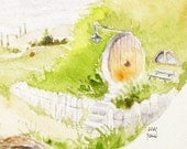 Hobbiton Bag End watercolor green landscape art print - ucuspucus