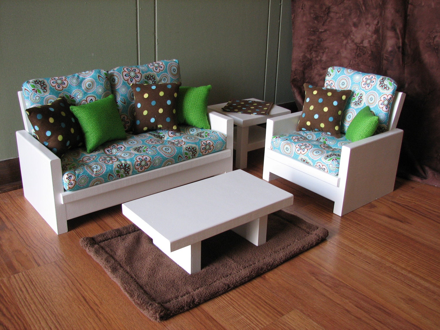 American Girl sized / 18 inch doll furniture - 4 Piece Living Room Set in Aqua Blue / Brown - LATE MAY SHIPPING