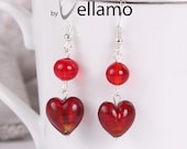 Earrings with wine red heart shaped genuine Murano glass with gold foil, sterling silver dark red ear rings, Christmas gift
