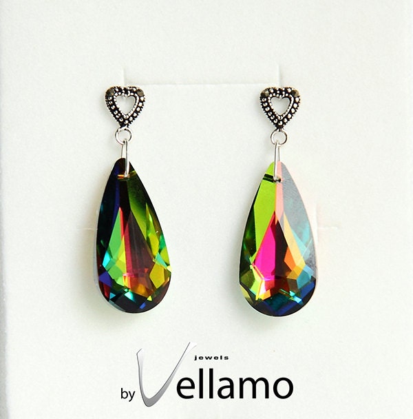 Stud earrings, filigree with marcasite and large teardrop Swarovski crystals, Vitrail, green, rainbow color
