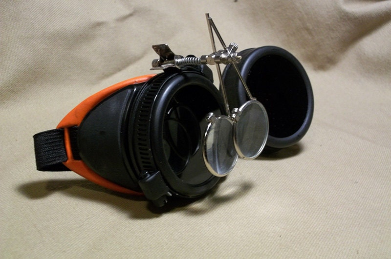 Fluorescent ORANGE SCIENTIST GOGGLES With Magnifying Loupes Welding Hot Orange Scientist Cyber Punk Optic Conductors Gothic Rave