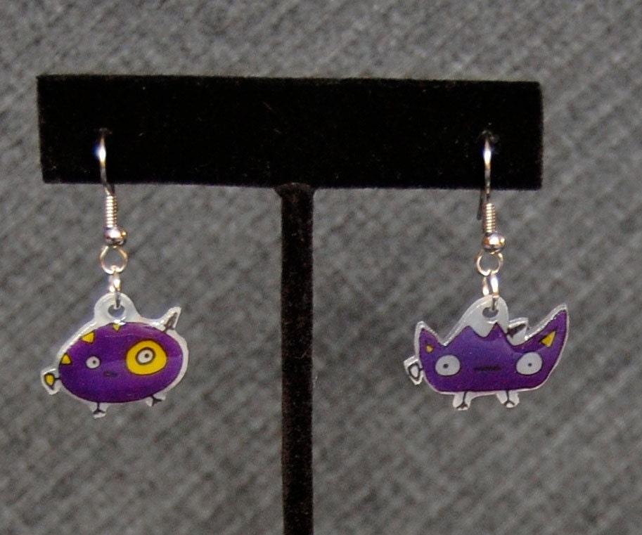 Purple Monster Earrings  - Hanging Surgical Steel -  Shrinky Dink - Shrink Plastic