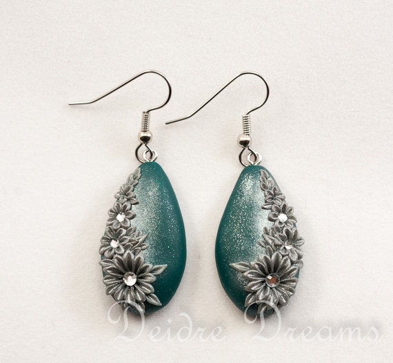 Winter Green Silver Art Deco Flower Dangle Drop Earrings - Polymer Clay Flower Earrings - Winter Holiday Bridal Jewelry