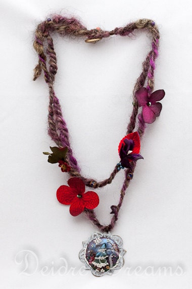 Pagan Tribal Yule Tree Art Yarn Necklace - Polymer Clay Flowers - Polymer Clay Cameo - Wearable Art Jewelry - Winter Holiday Fiber Jewelry