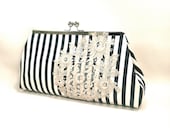 Striped Navy and Bone Clutch, Antique Lace Applique, Evening bag, Purse, Framed Purse- Vaudville