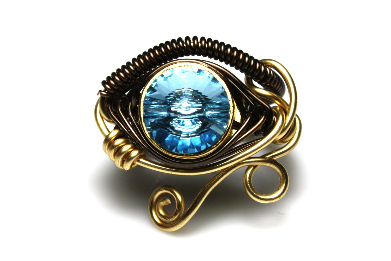 Egyptian Wire Ring - Eye of Horus - Aquamarine Swarovski Crystal