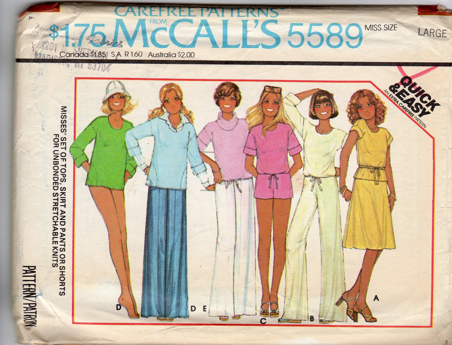 1970s Misses' Top, Skirt, Pants & Skirt Pattern - Size Large (18-20), Bust 40"-42" - McCall's 5589