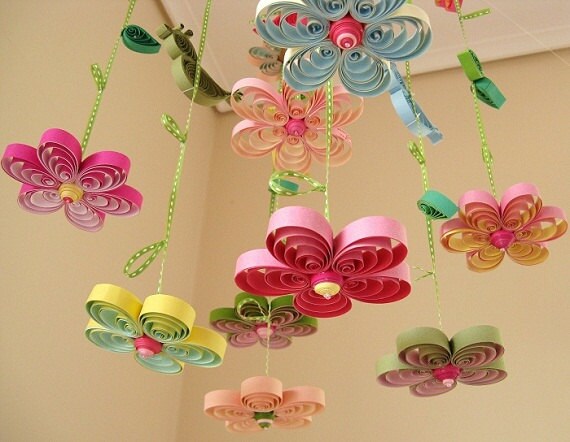 Baby Mobile - Baby Crib Mobile - Baby Nursery Mobile - Birds Mobile -Quilled Mobile -Baby Shower Gift - Birds in Rainbow Garden Handmade 8A