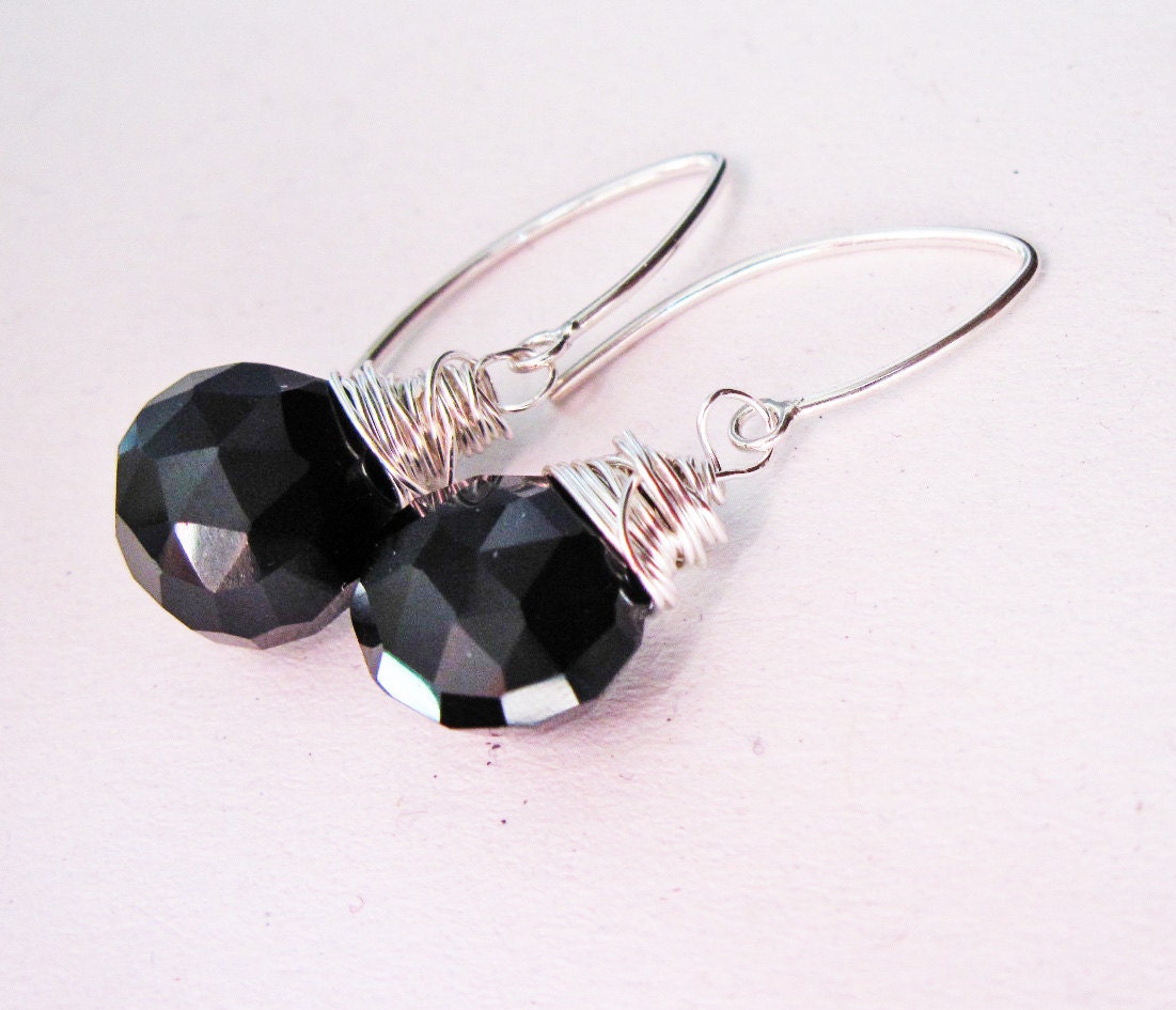 Wire wrapped earrings, sterling earrings, black beads, gemstone earrings, wire wrapped jewelry handmade, chalcedony earrings, black stones