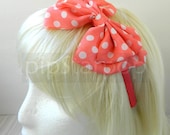 Polka dot Coral Orange bow headband (fabric bow) a Retro Mod headband
