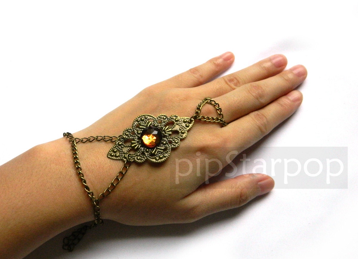 Elven Slave Bracelet - Diamond Shaped Filigree Bronze Metal hand armor jewelry bracer / Slave Bracelet - Customize color and gem