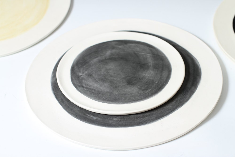 Handmade Flat Pottery Side plates - Black, and Grey Small Ceramic Plates 6.6" wide dessert plate, bread plate - ready to ship