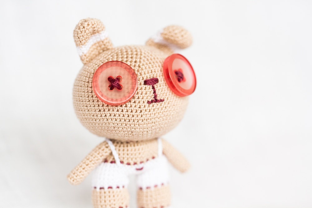 Pocket toy Dreamy Bunny. Art Doll. Handmade crochet Rabbit. Stuffed Animal. Beige Red White Pink. One of a Kind Doll.