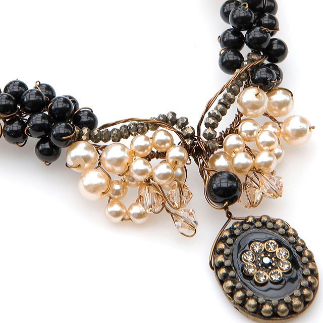 Cream Black Statement Necklace,Vintage Style Necklace, Bridal Jewelry Twisted Wire Jewelry