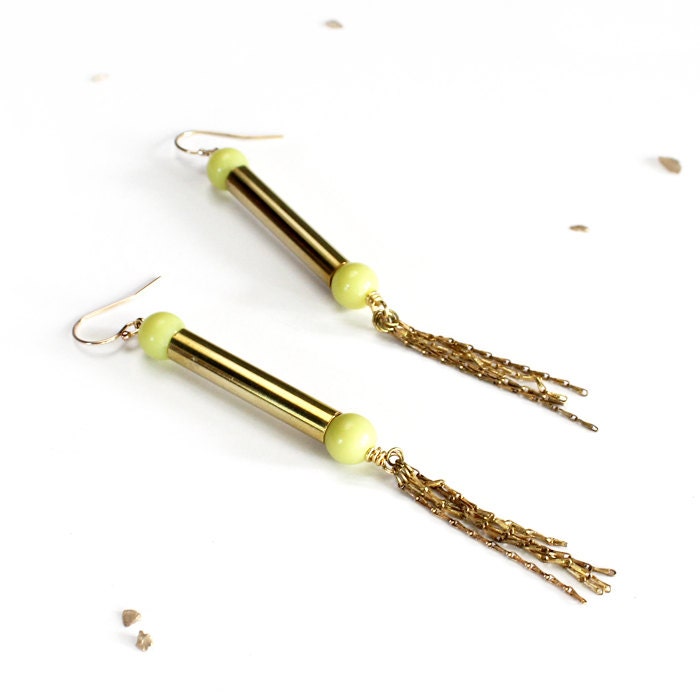 Gold Tassel Dangle Earrings / long vintage chain deco drops,  handmade brass tubes, chartreuse beads / 14k gold fill hooks