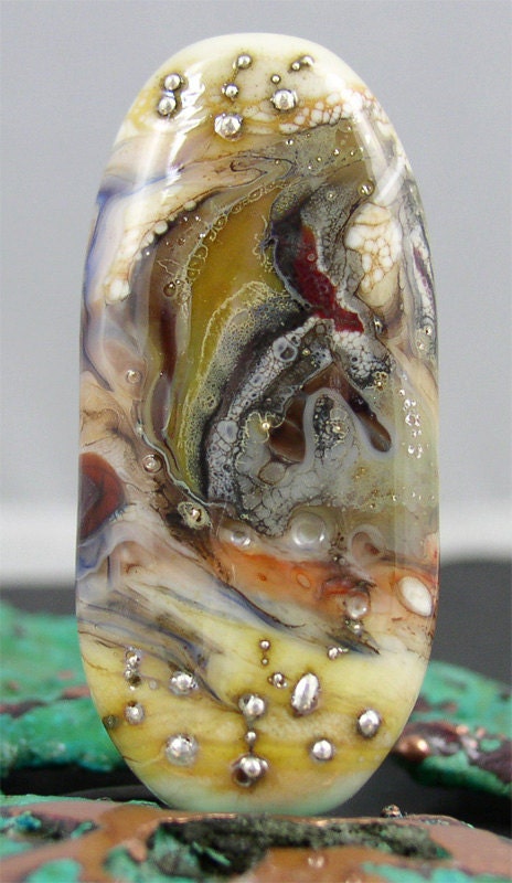 Handmade lampwork focal glass bead pendant tabular shaped SRA USA organic fine silver dots ivory red orange blue tans pink