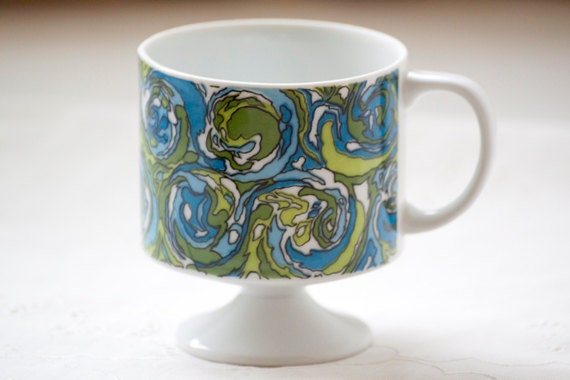 Vintage Mod Retro Pedestal Cup, Blue Green and White, Holt Howard 1967