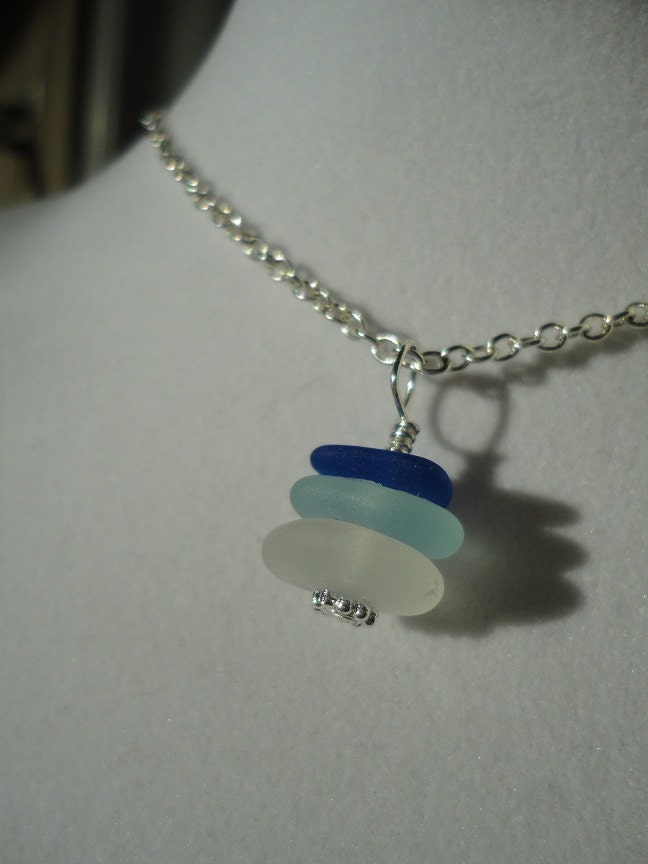 Stacked cobalt blue, aqua and white sea glass necklace