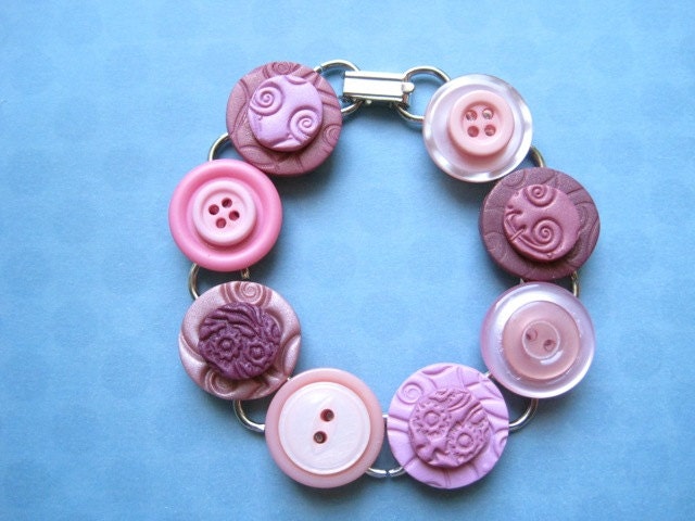 Bracelet Mixed Media Upcycled Vintage Buttons Clay Tiles - Pinks Another
