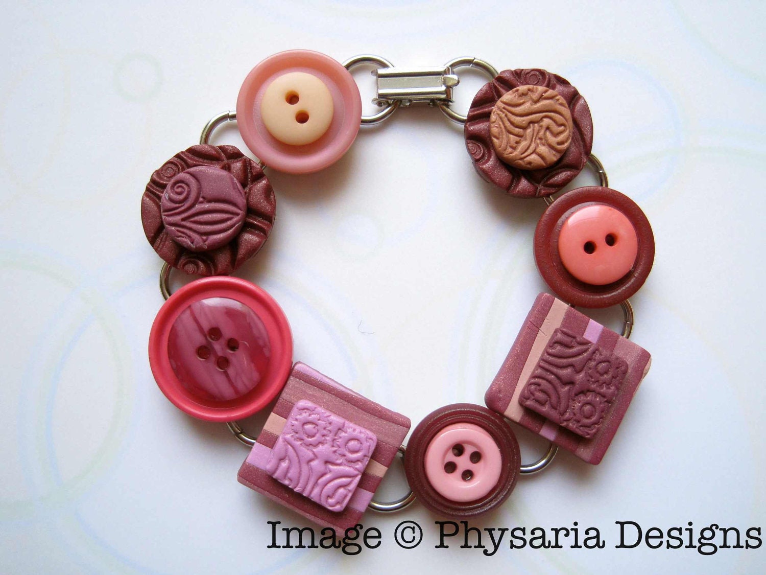 Bracelet Vintage Buttons Clay Tiles Dark Pinks