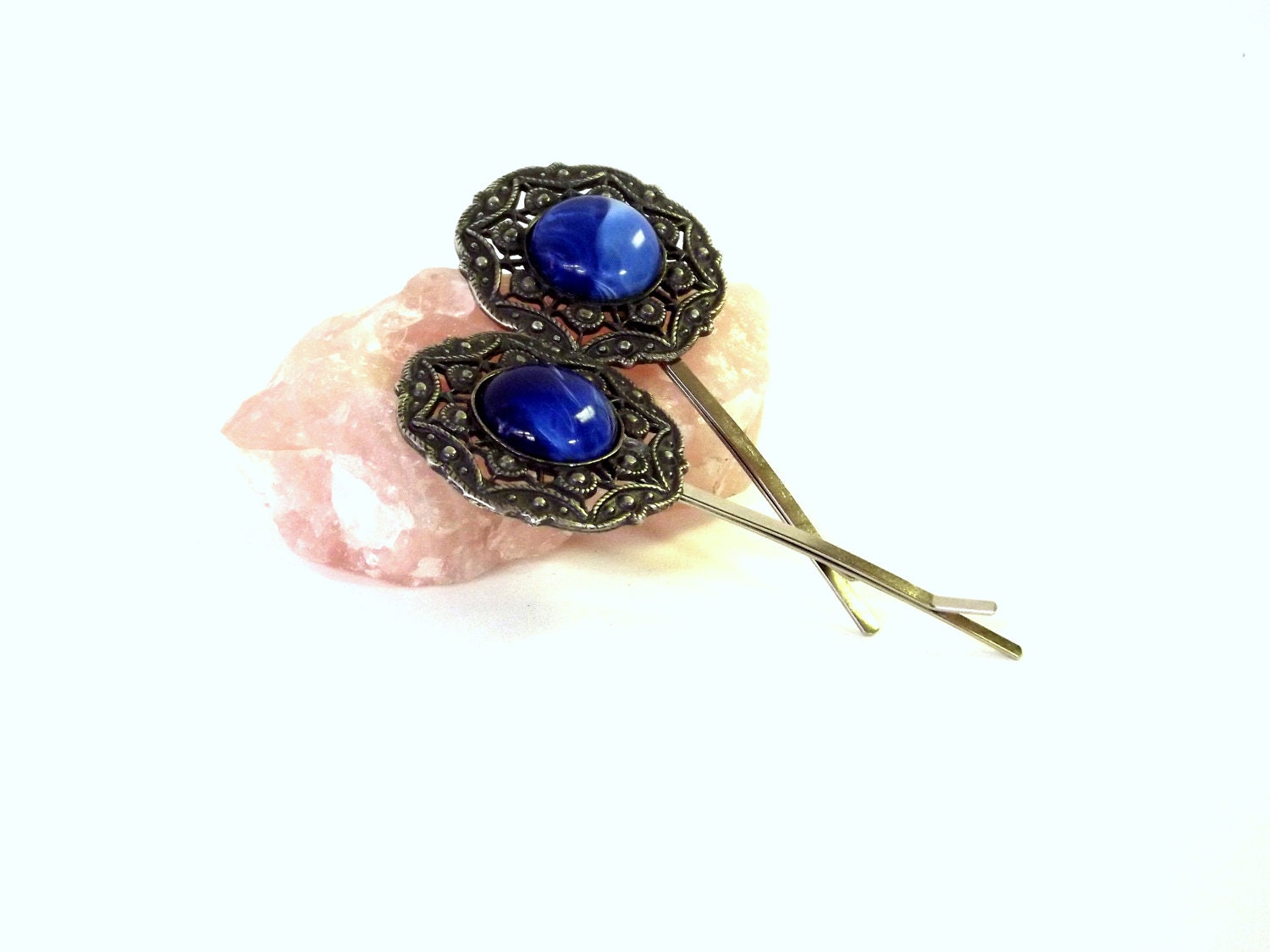 Filigree Bobby Pin Set, Blue Stone, Repurposed Vintage Earrings, Hair Jewelry, Unique Gift