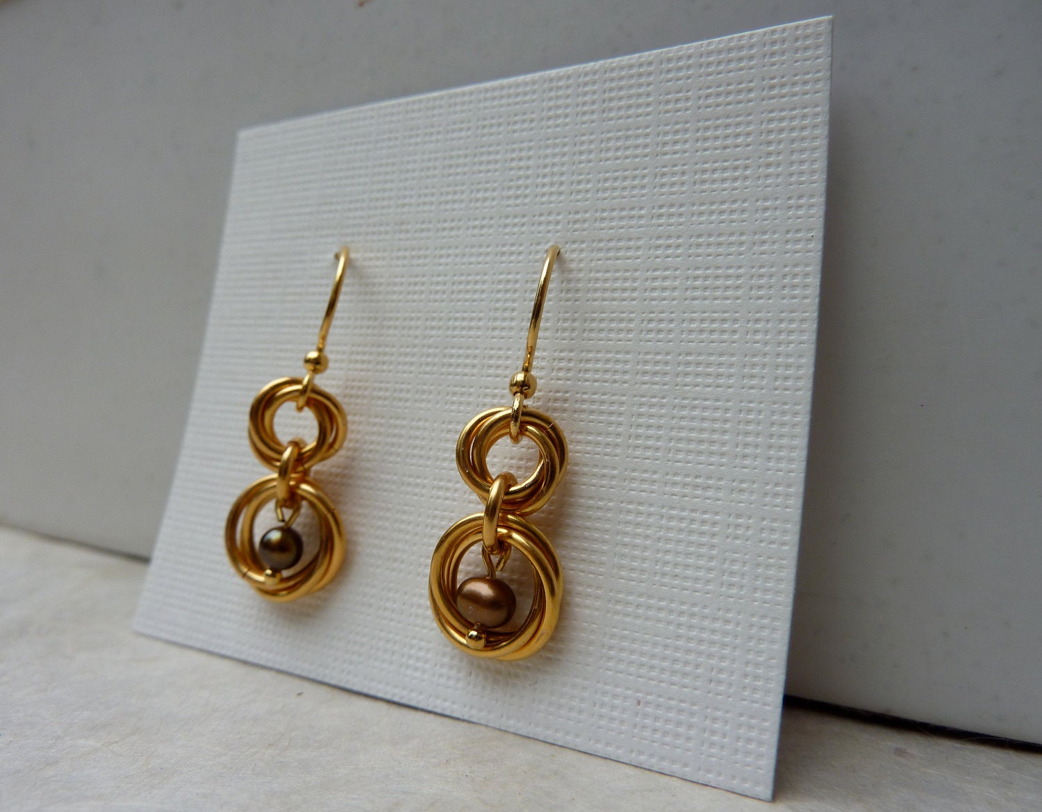Gold Plated Chainmaille Earrings with Copper Freshwater Pearls
