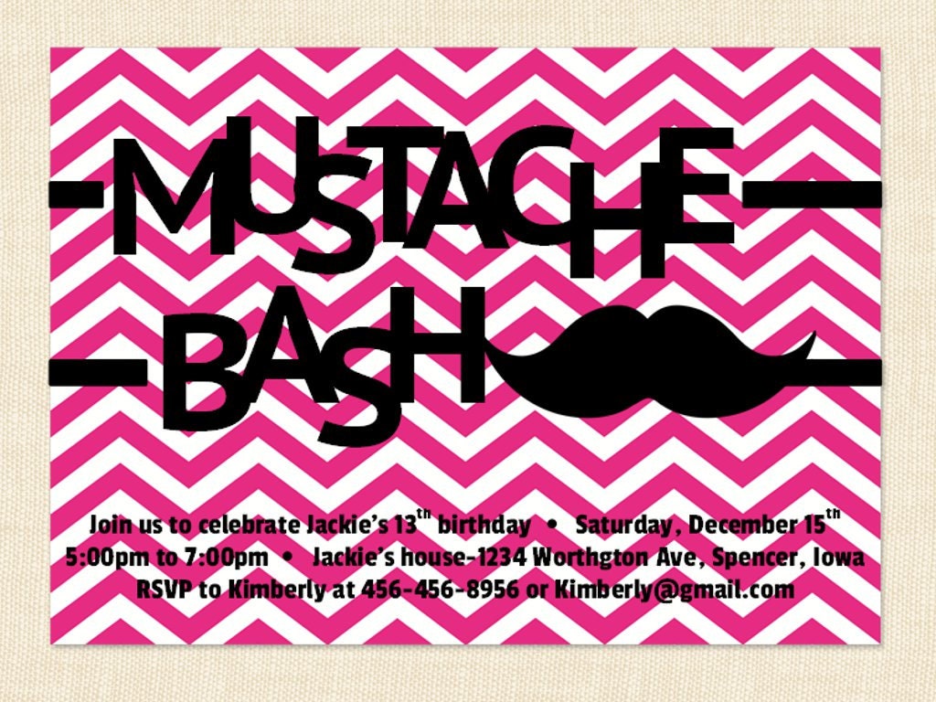 Mustache girl birthday invitation teen pink chevron 13th 21st printable pdf
