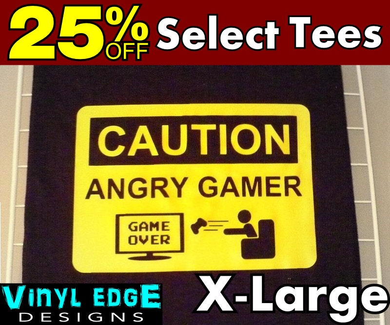 SALE Angry Gamer Caution Sign 100% Cotton X-Large T-shirt