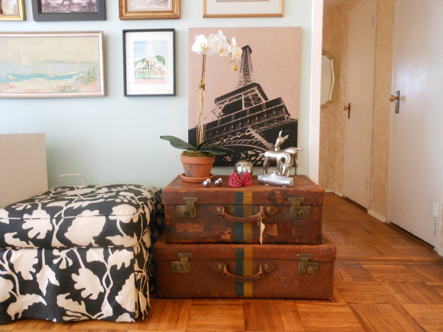 Charming Pair of Antique Suitcases Side Table