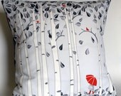 Linen Birch Tree Printed Pillow Cover in Greys and Red (Large)