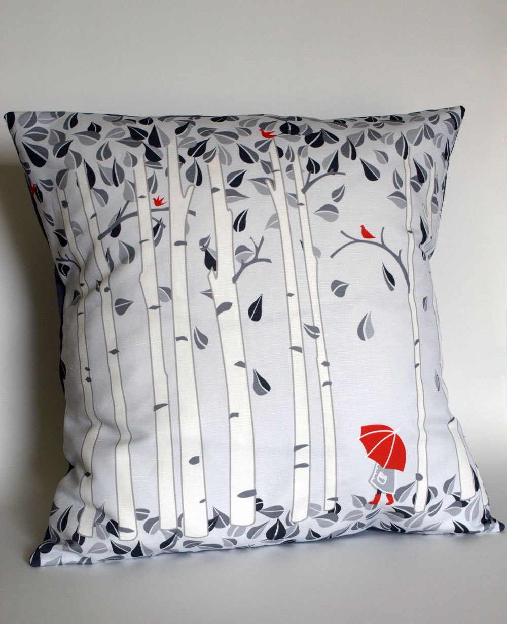 Linen Birch Tree Printed Pillow Cover in Greys and Red (Large)