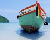 Thailand Fishing Boat in Ocean Photograph, Colorful Aqua Blue Water, Southeast Asia - 11x14" Fine Art Photo Print