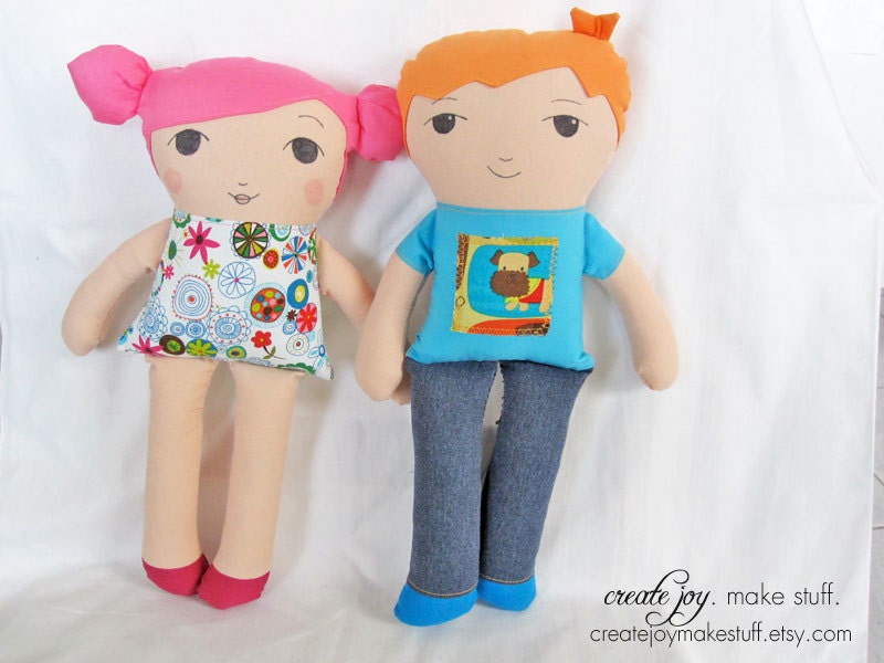 Girl & Boy Doll -Set of 2- Sewing Pattern and Tutorial - simple, easy, cloth, fabric, softie, stuffed, soft, toy, manga, anime