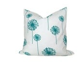 Turquoise Pillow.Blue.Aqua.White.16x16 inch.Home Decor.Housewares.Cushions.Floral Printed Fabric Front and Back