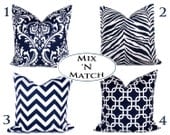 Navy Pillows.Blue Chevron.18x18 inch.Decorative Pillow Cover.Printed Fabric both sides.Blue and White Set of Two
