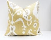 Throw Pillow Cover. Yellow and Tan Euro Pillow Cover. ONE 24x24 Ikat Pillow  printed fabric on front and back