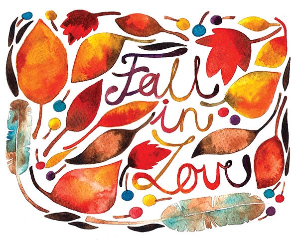 Fall In Love Watercolor Illustration Print Brown Orange Yellow Autumn Feather Leaves Nature Home Decor Calligraphic Alphabet